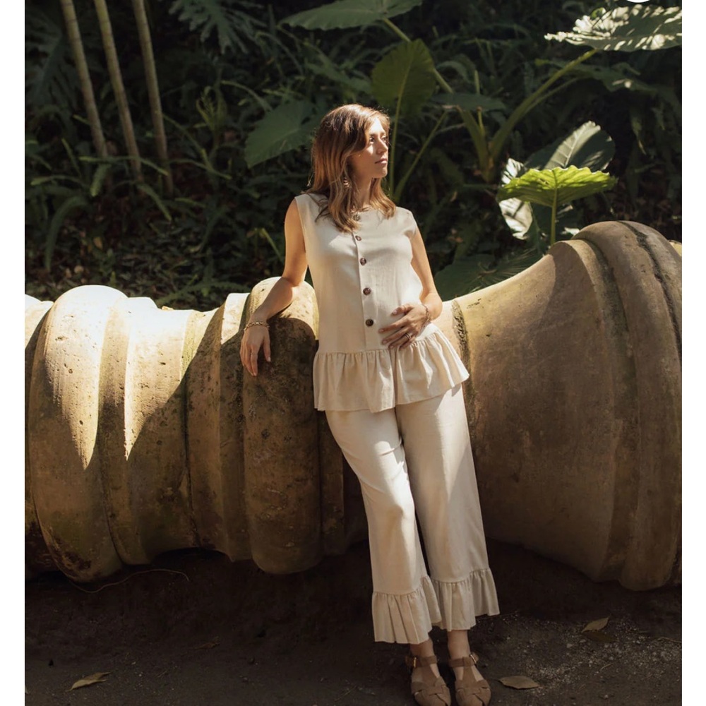 Maternity Elegant Cream Ruffle hem pants and shirt
